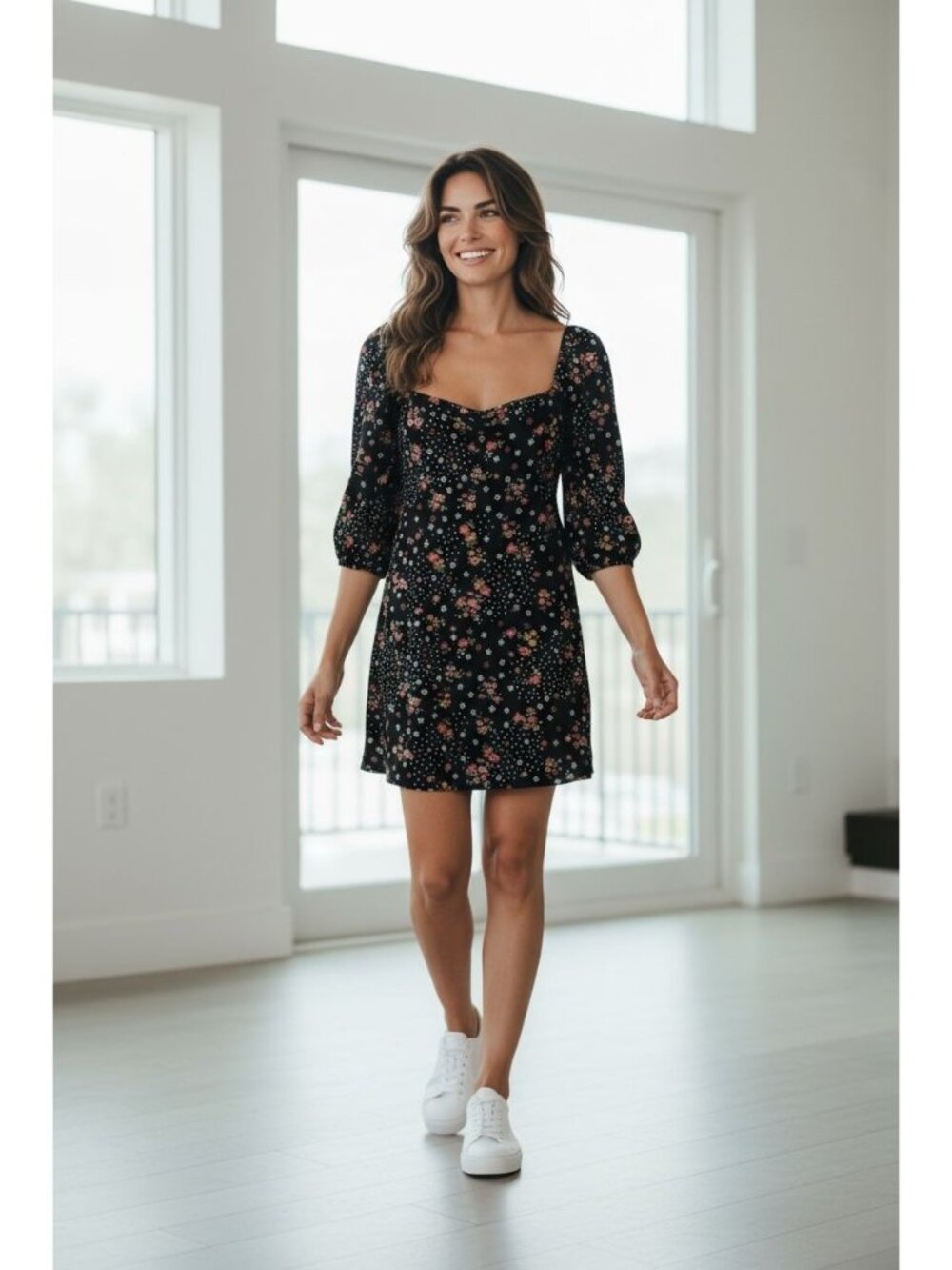 Floral Puff-Sleeve Mini Dress By Miss Selfridge Black Multicolor Sz US 4 Stretch